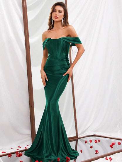 Mermaid Hem Off-Shoulder Satin Sleeveless Maxi Evening Gown in Dark Green