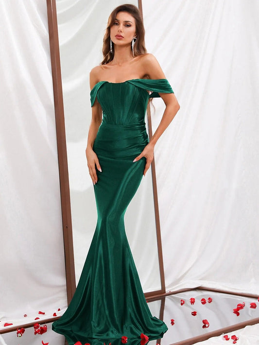 Mermaid Hem Off-Shoulder Satin Sleeveless Maxi Evening Gown in Dark Green