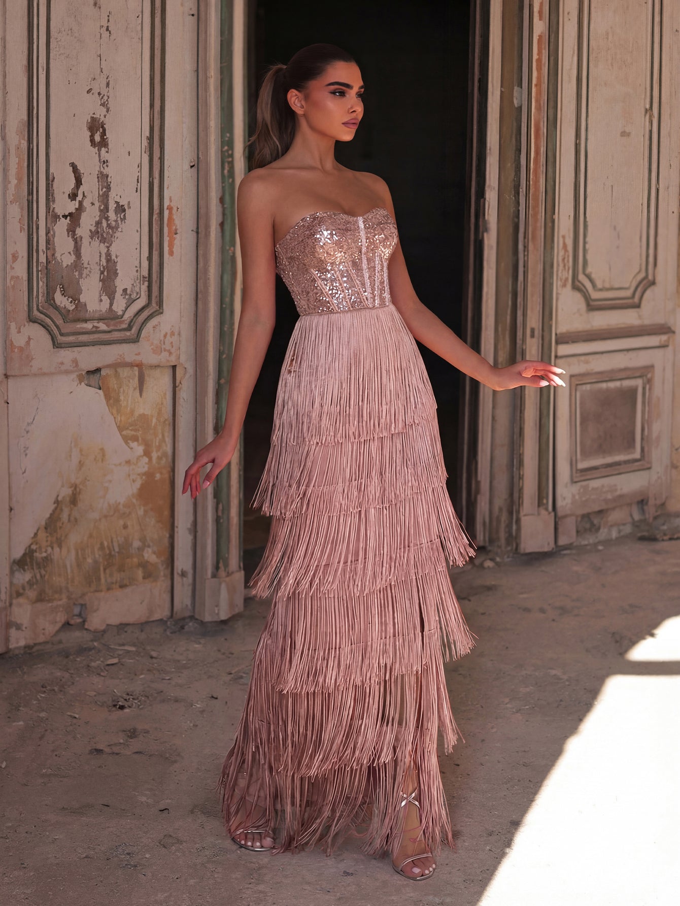 Sparkling Sequin & Fringe Maxi Dress | Strapless Sweetheart Neckline, High Side Slit, Open Back | Glam Evening Gown for Parties, Galas, Prom