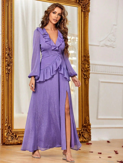 Additional product view of Ruffle Trim V-Neck Chiffon High-Slit A-Line Maxi Formal Dress