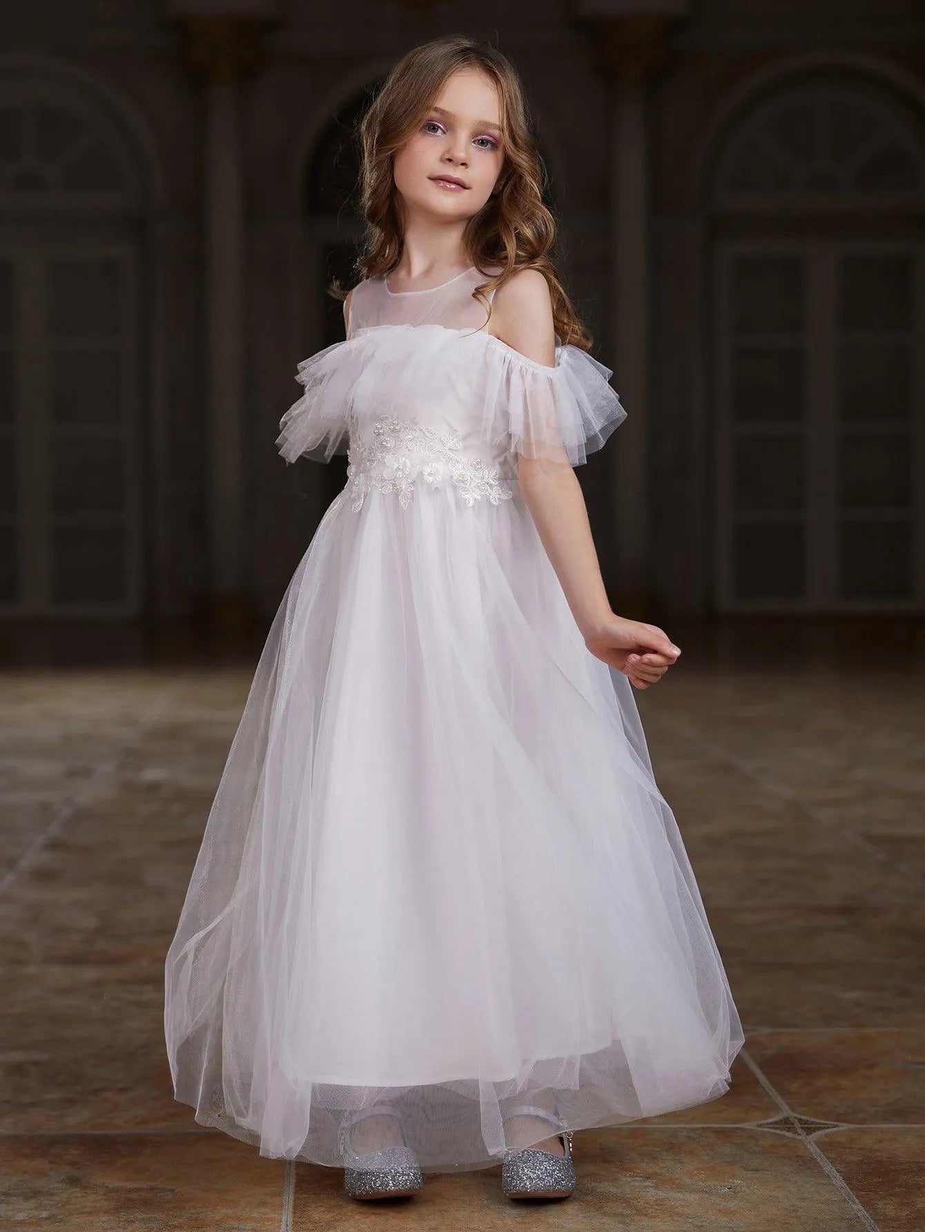 Tween Girls' Round Neck Tulle Short-Sleeve A-Line Formal Gown — authorized product image 5