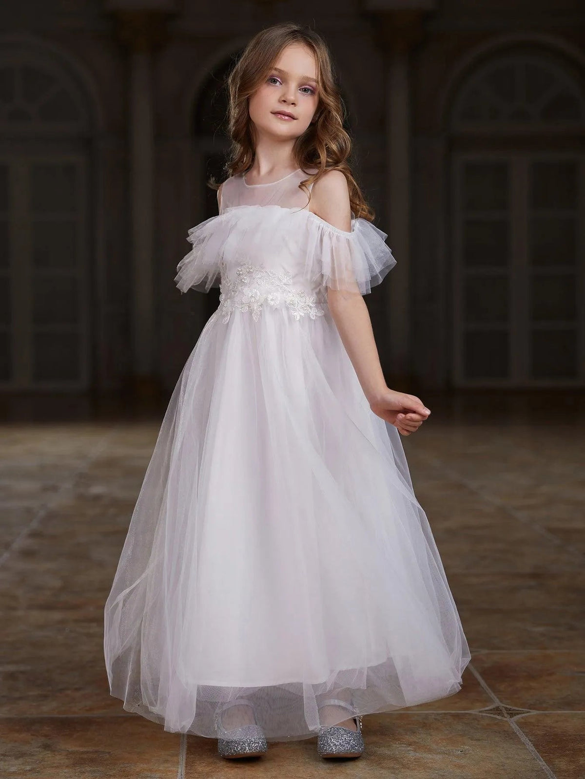 Tween Girls' Round Neck Tulle Short-Sleeve A-Line Formal Gown — authorized product image 5