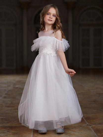 Tween Girls' Round Neck Tulle Short-Sleeve A-Line Formal Gown — authorized product image 5