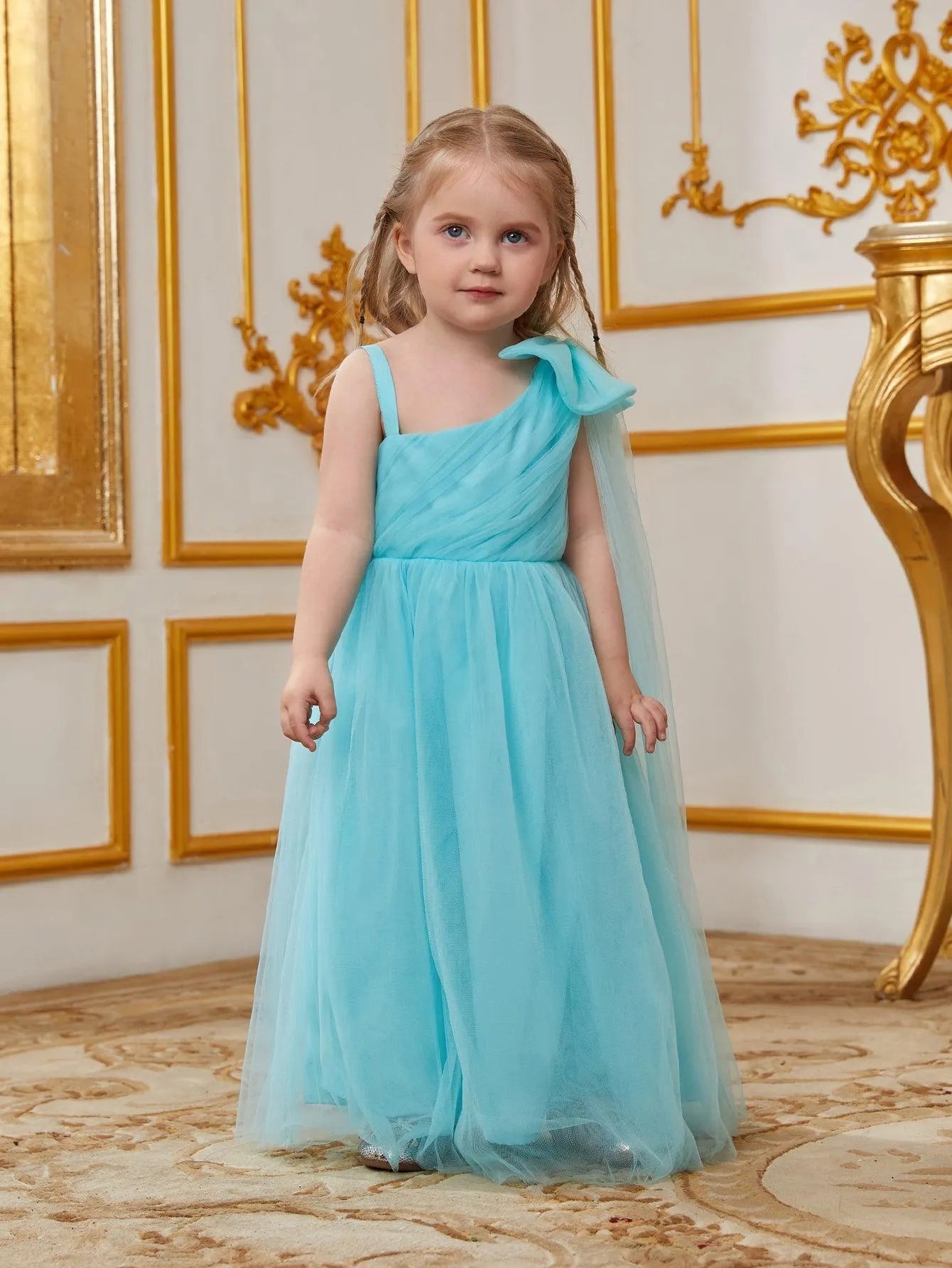 Young Girls' One-Shoulder Tulle Sleeveless A-Line Formal Gown — authorized product image 3