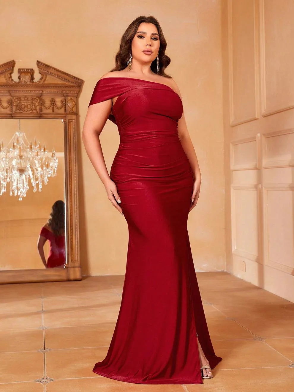Additional product view of Mermaid Hem Plus-Size One-Shoulder Knit High-Slit Evening Gown