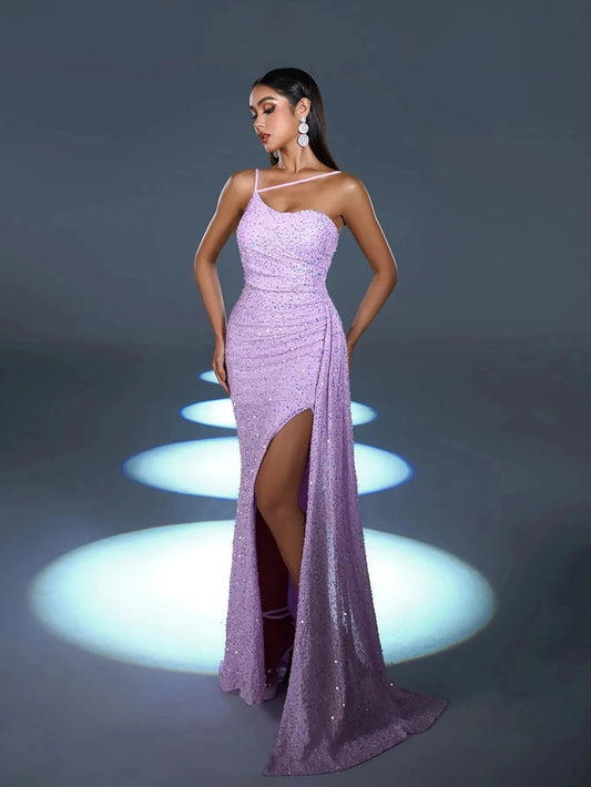 Asymmetrical Spaghetti Strap Sequin Mermaid Sleeveless Evening Gown in Violet