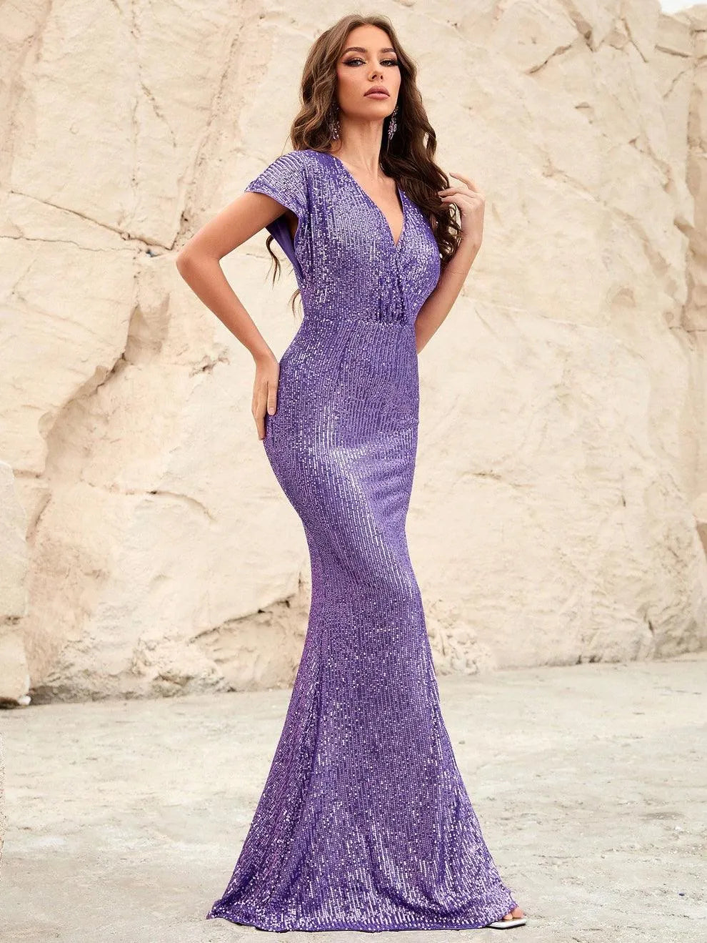 Alternate view of Surplice-Neck Batwing-Sleeve V-Neck Sequin Mermaid Evening Gown in Purple