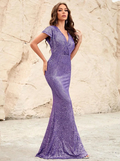 Alternate view of Surplice-Neck Batwing-Sleeve V-Neck Sequin Mermaid Evening Gown in Purple