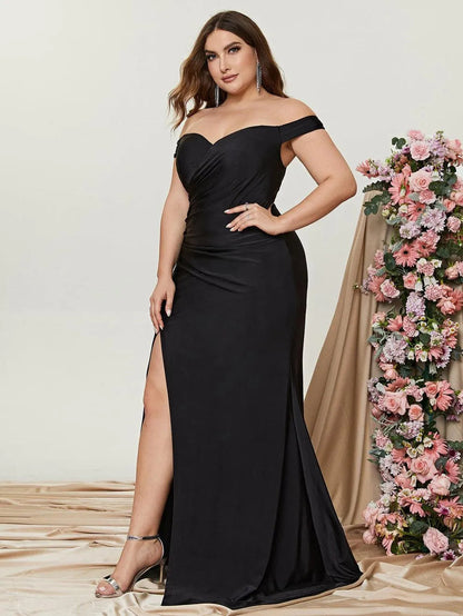 Additional product view of Ruched Wrap Plus-Size Off-Shoulder Knit High-Slit Evening Gown