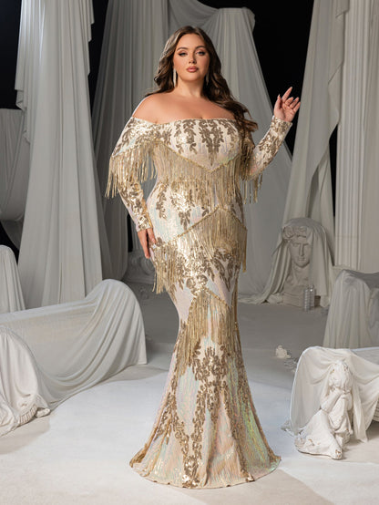 Plus Gorgeous Fringed Trim Off-Shoulder Mermaid Hem Sequin Formal Dress Evening Gown – view 8