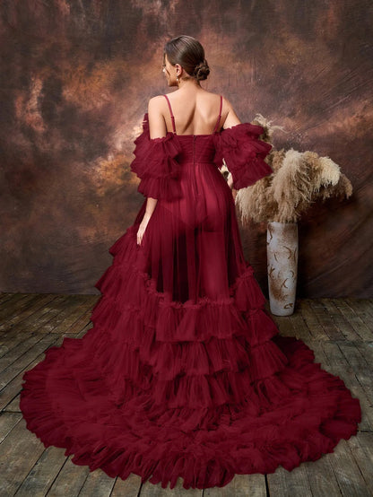 Additional product view of Layered Hem Cami Strap Off-Shoulder Mesh A-Line Maternity Formal Dress