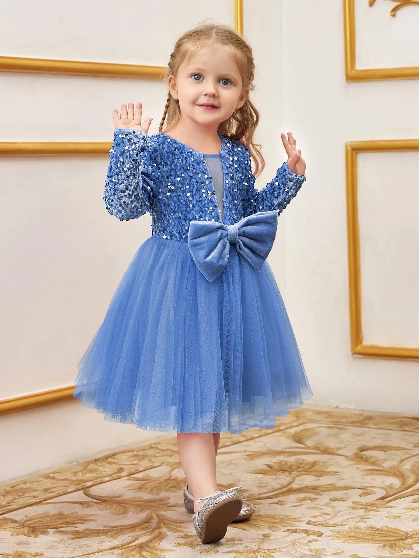 Additional product view of Bow-Front Sequin A-Line Long-Sleeve Mesh Young Girls' Party Dress