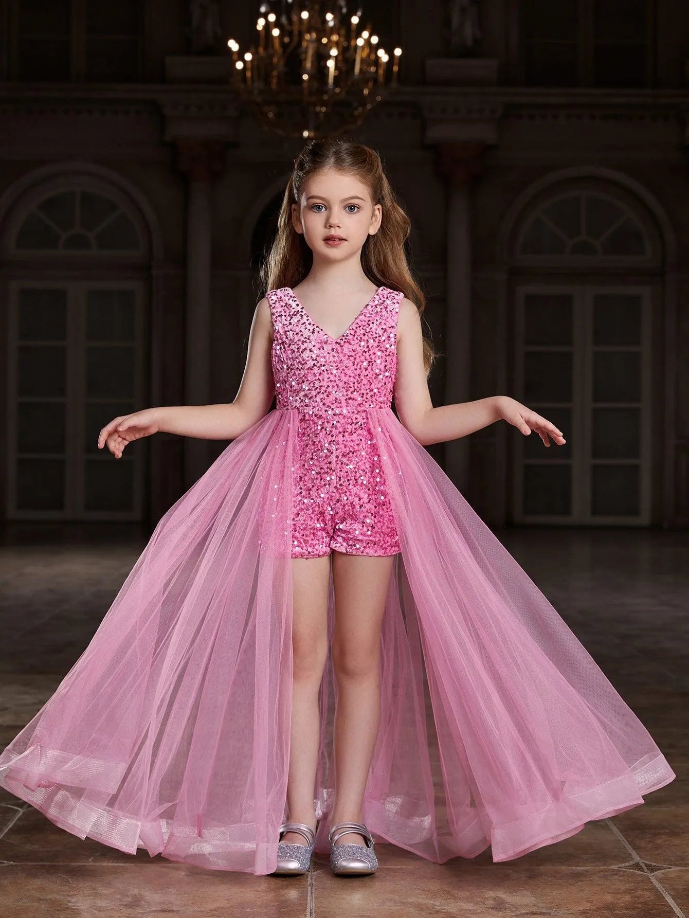 Mesh Overlay V-Neck Sequin Sleeveless Tween Girls' Formal Romper in Pink