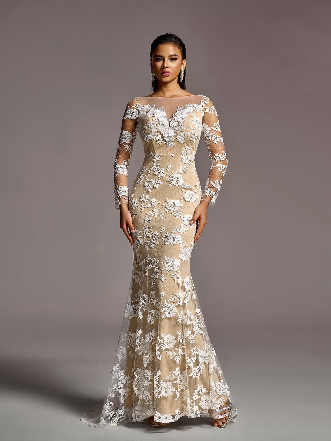 Additional product view of Backless Mermaid Hem Lace Boat-Neck Long-Sleeve Wedding Dress