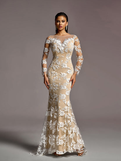 Additional product view of Backless Mermaid Hem Lace Boat-Neck Long-Sleeve Wedding Dress