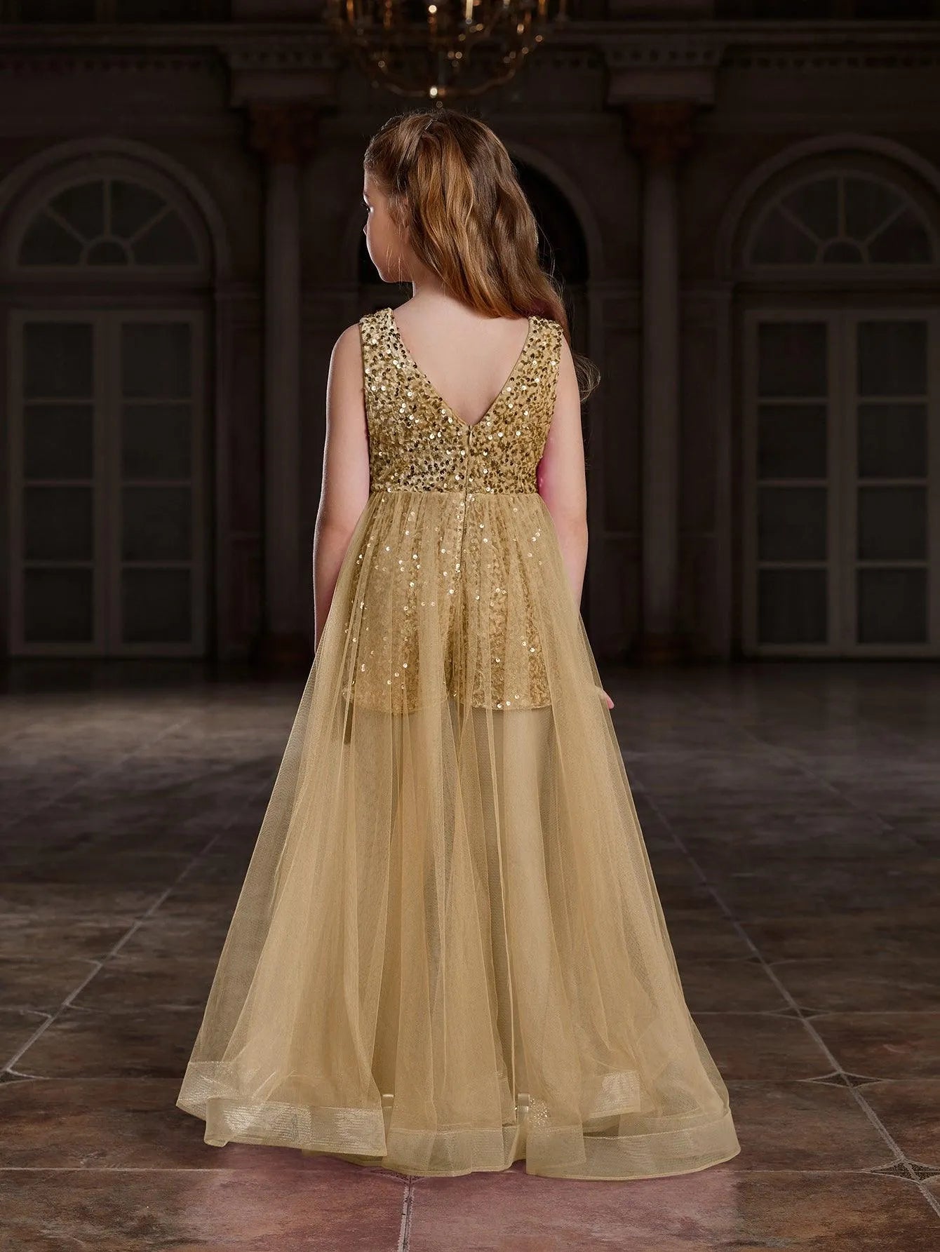 Additional product view of Mesh Overlay V-Neck Sequin Sleeveless Tween Girls' Formal Romper