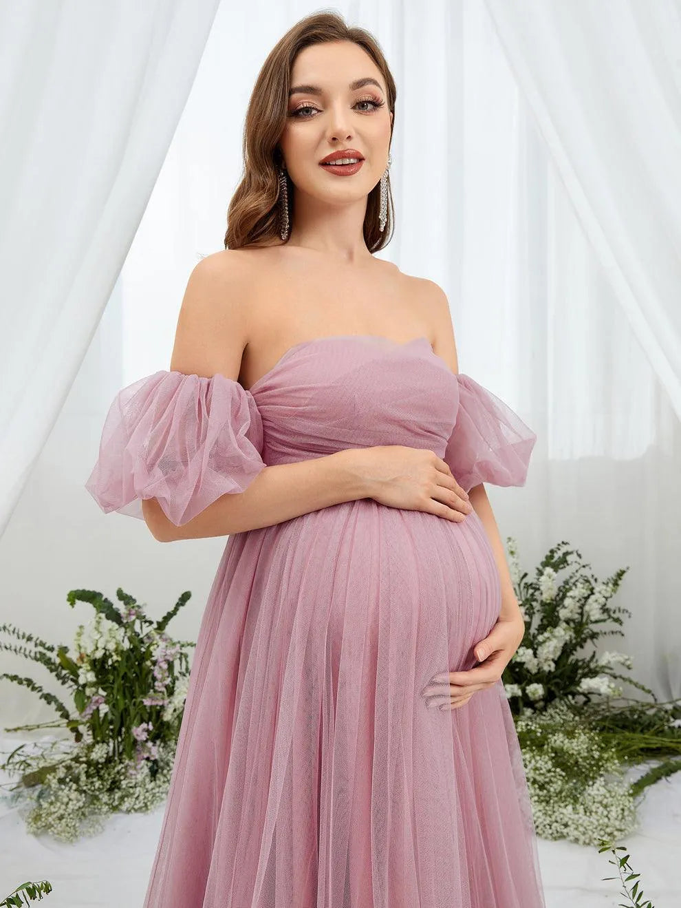Additional product view of Mesh Overlay Puff-Sleeve Off-Shoulder A-Line Maxi Maternity Evening Dress