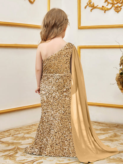Additional product view of Draped Side One-Shoulder Sequin Mermaid Sleeveless Young Girls' Party Dress