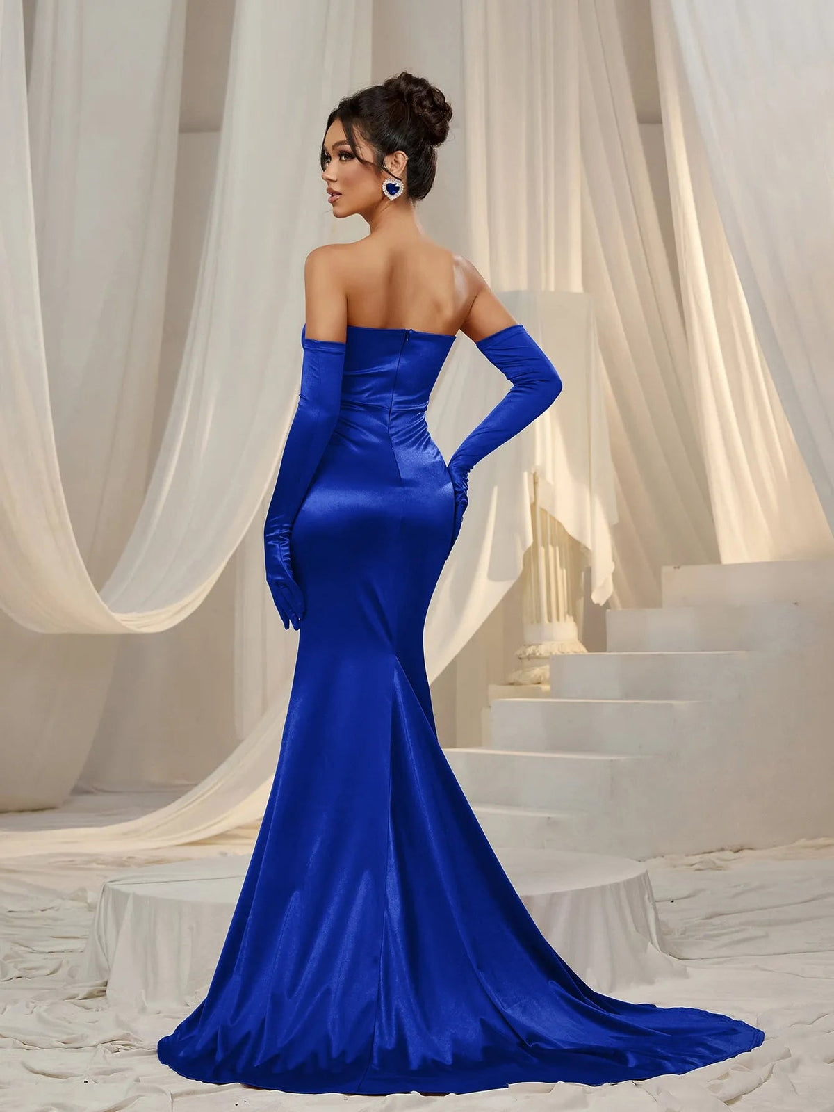 Additional product view of Ruched Wrap Gloves Included Strapless Satin High-Slit Evening Gown