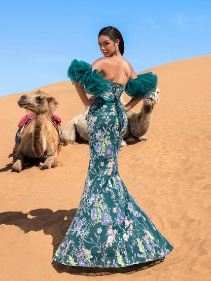 Luxury Strapless Ruffle Sleeve Mermaid Hem Floral Beaded Seuqin Evening Dress — authorized product image 2