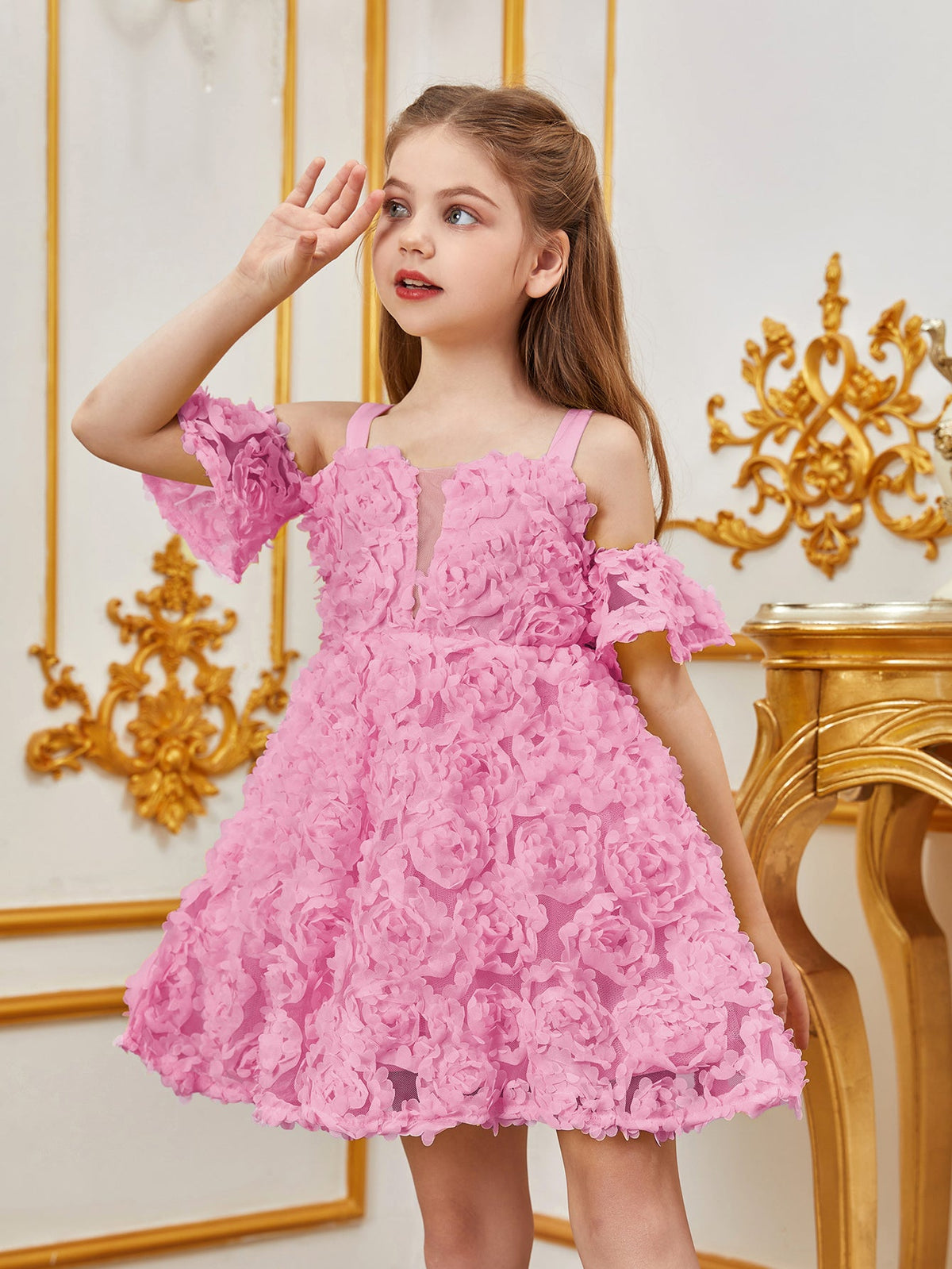 Additional product view of Floral Appliqué Cami Strap Off-Shoulder A-Line Short-Sleeve Tween Girls' Party Dress