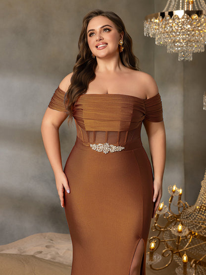 Plus Off-Shoulder Mermaid Gown with Ruching | Silver Belt & High Side Slit