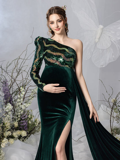 Maternity One-Shoulder Sequin Velvet Long-Sleeve Mermaid Evening Gown — authorized product image 6
