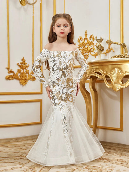 Contrast Mesh Mermaid Hem Off-Shoulder Sequin Long-Sleeve Tween Girls' Party Dress in White