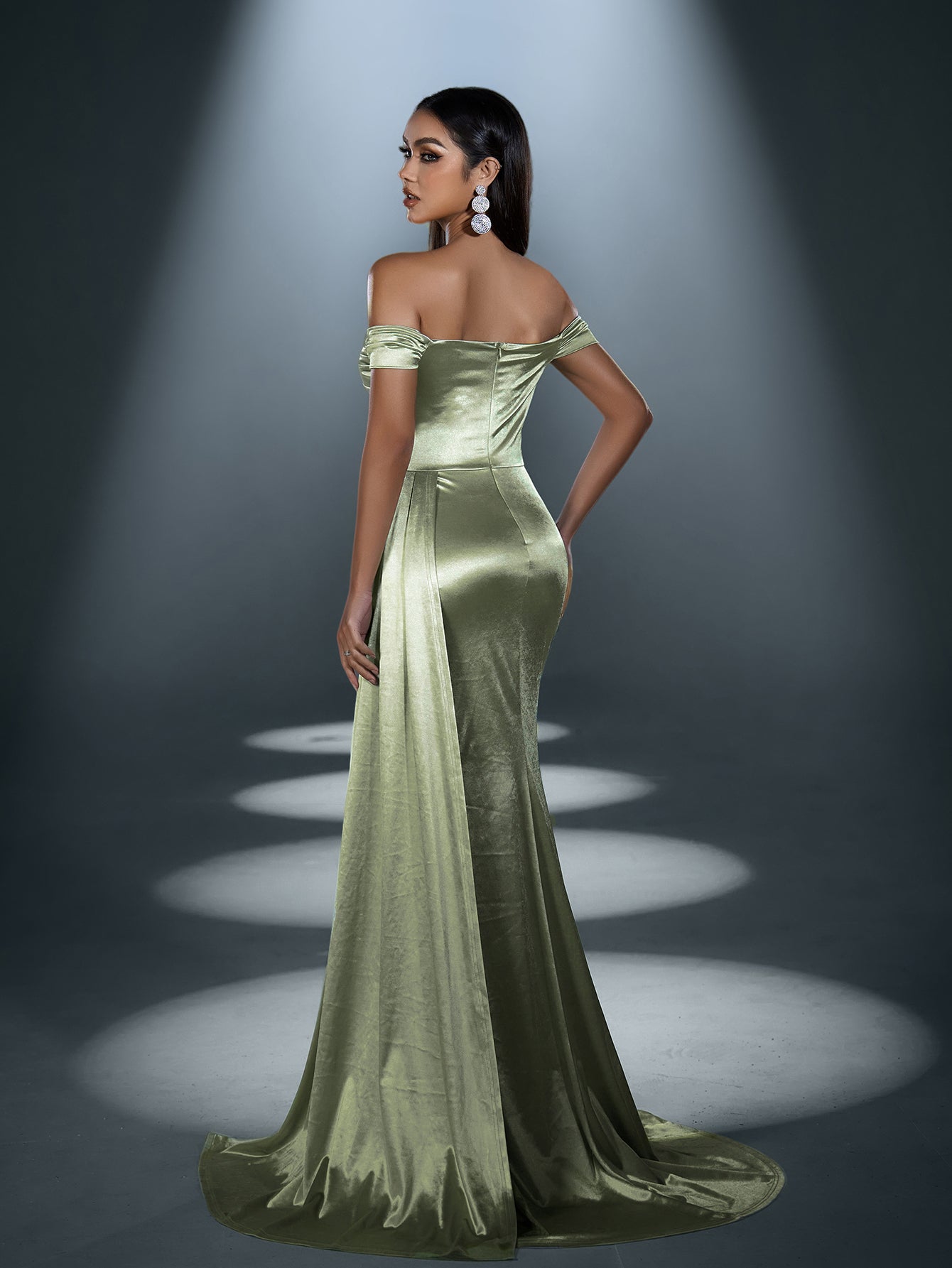 Elegant Satin Off-Shoulder Mermaid Gown | Sculpted Ruching & High Thigh Slit – view 11