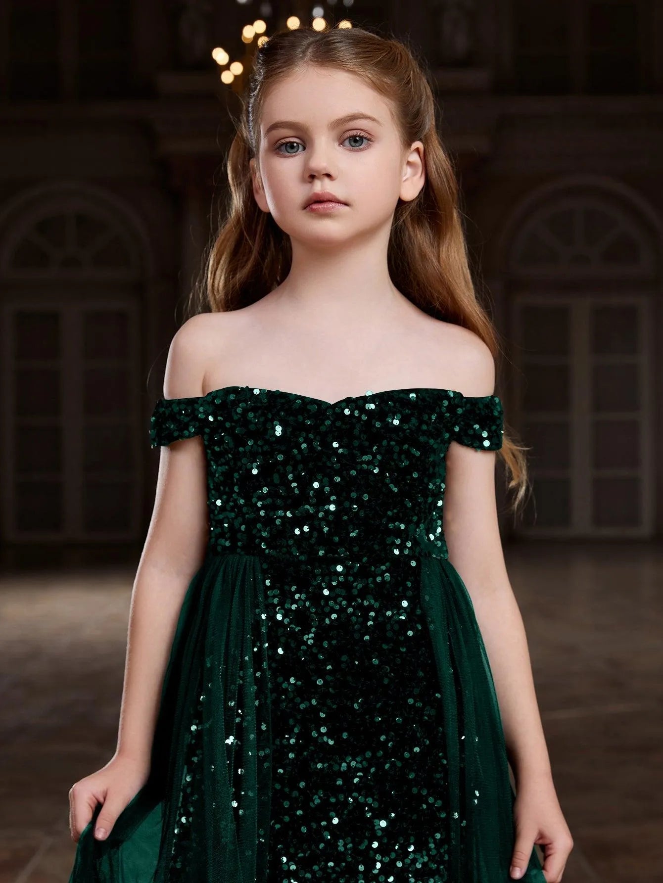 Additional product view of Mesh Overlay Off-Shoulder Sequin Mermaid Short-Sleeve Maxi Tween Girls' Party Dress