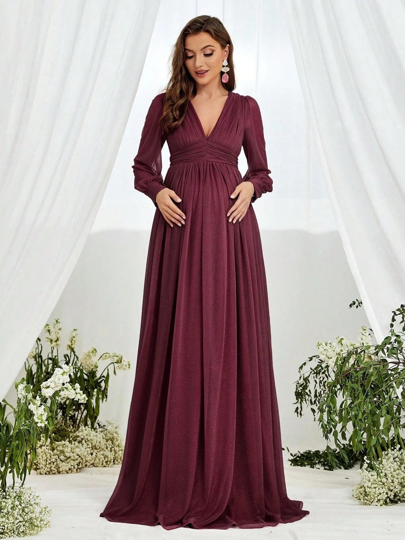 Alternate view of V-Neck Chiffon A-Line Long-Sleeve Maxi Maternity Evening Dress in Burgundy