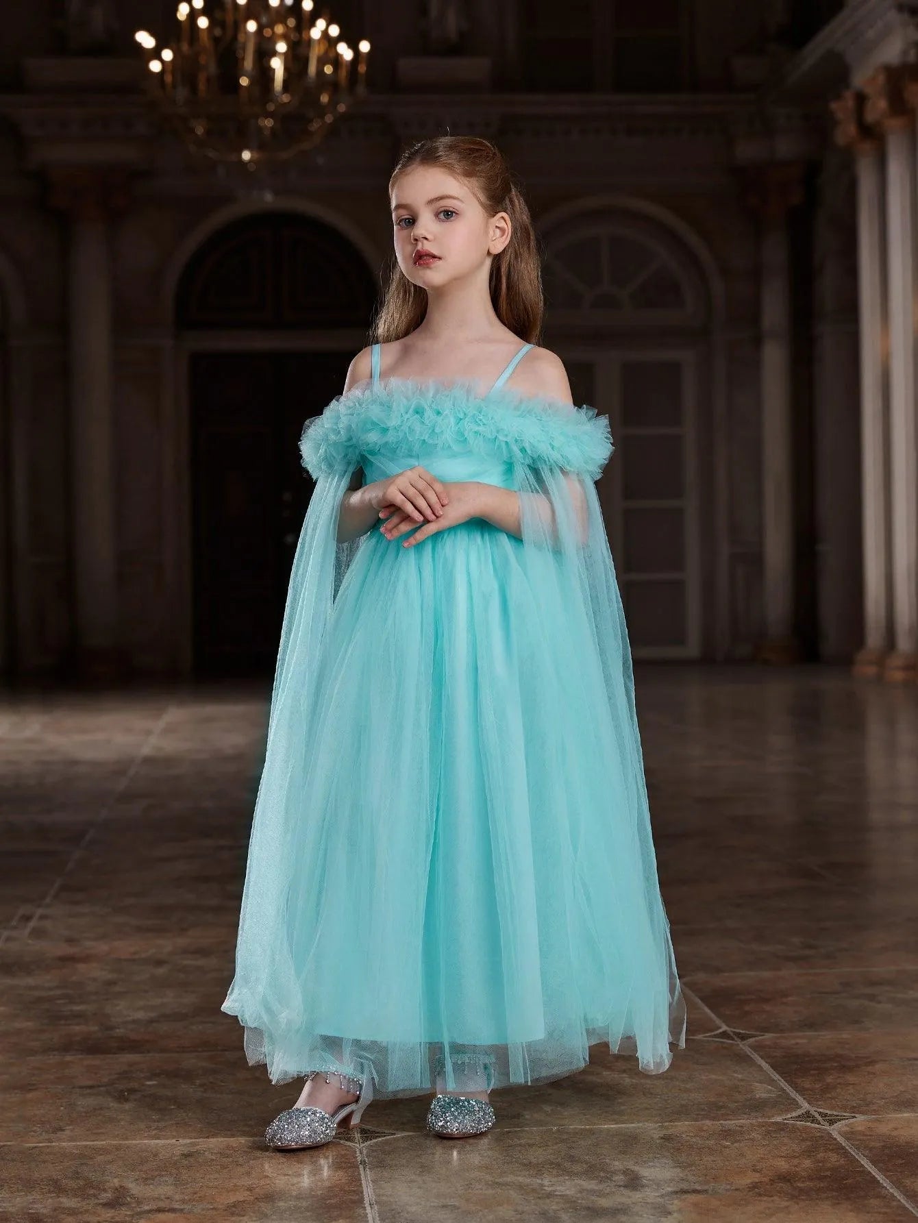 Additional product view of Ruffle Trim Off-Shoulder A-Line Long-Sleeve Mesh Tween Girls' Party Dress
