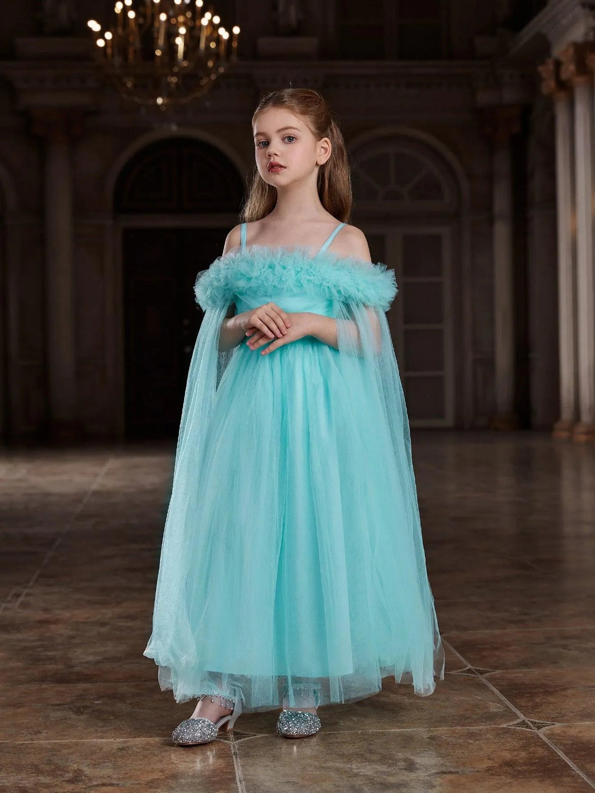 Additional product view of Ruffle Trim Off-Shoulder A-Line Long-Sleeve Mesh Tween Girls' Party Dress