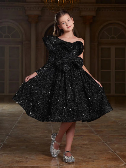 Additional product view of Ruffle Trim One-Shoulder Sequin A-Line Midi Tween Girls' Party Dress
