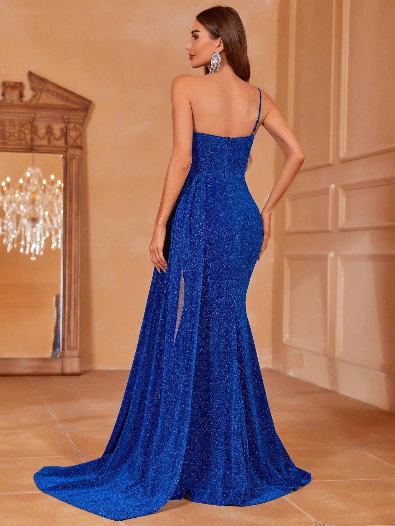 Additional product view of Draped Side High-Slit One-Shoulder Mermaid Sleeveless Evening Gown