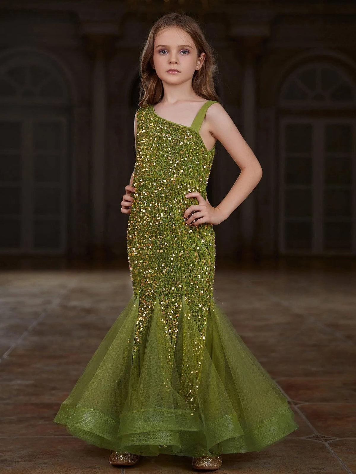 Additional product view of Mesh Insert Mermaid Hem One-Shoulder Sequin Sleeveless Tween Girls' Party Dress