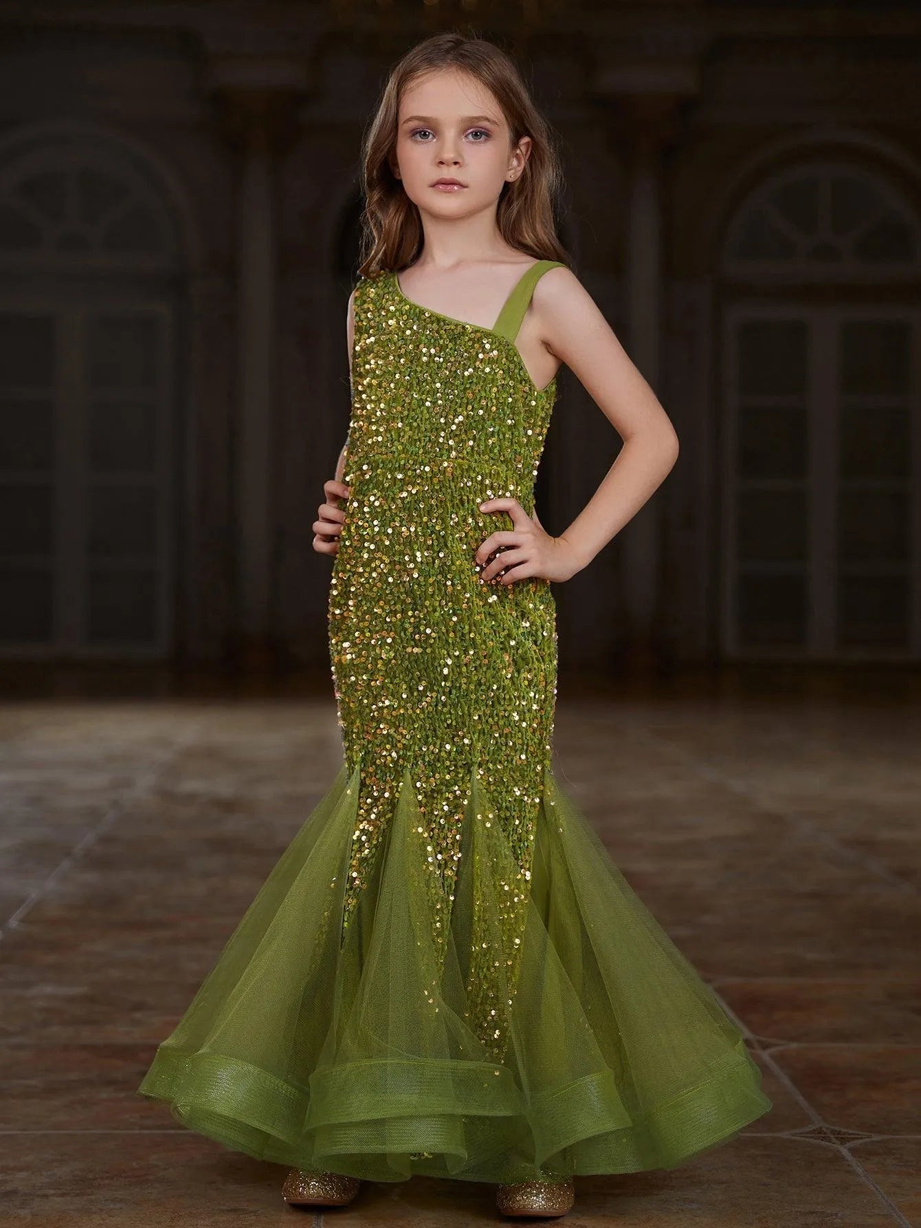 Additional product view of Mesh Insert Mermaid Hem One-Shoulder Sequin Sleeveless Tween Girls' Party Dress