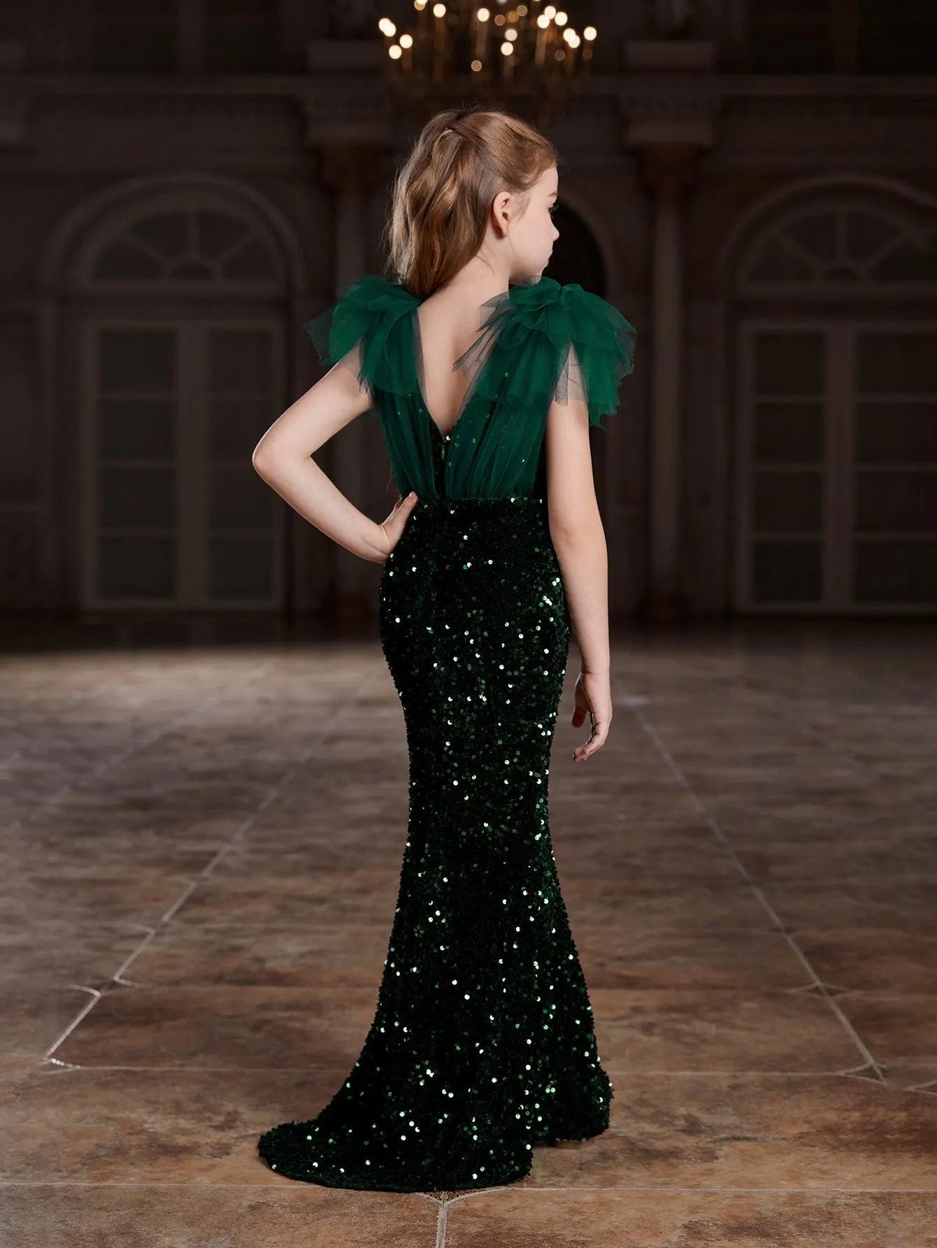 Additional product view of Cloak-Sleeve Mermaid Hem V-Neck Sequin Maxi Tween Girls' Party Dress