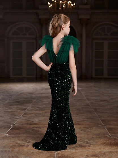 Additional product view of Cloak-Sleeve Mermaid Hem V-Neck Sequin Maxi Tween Girls' Party Dress