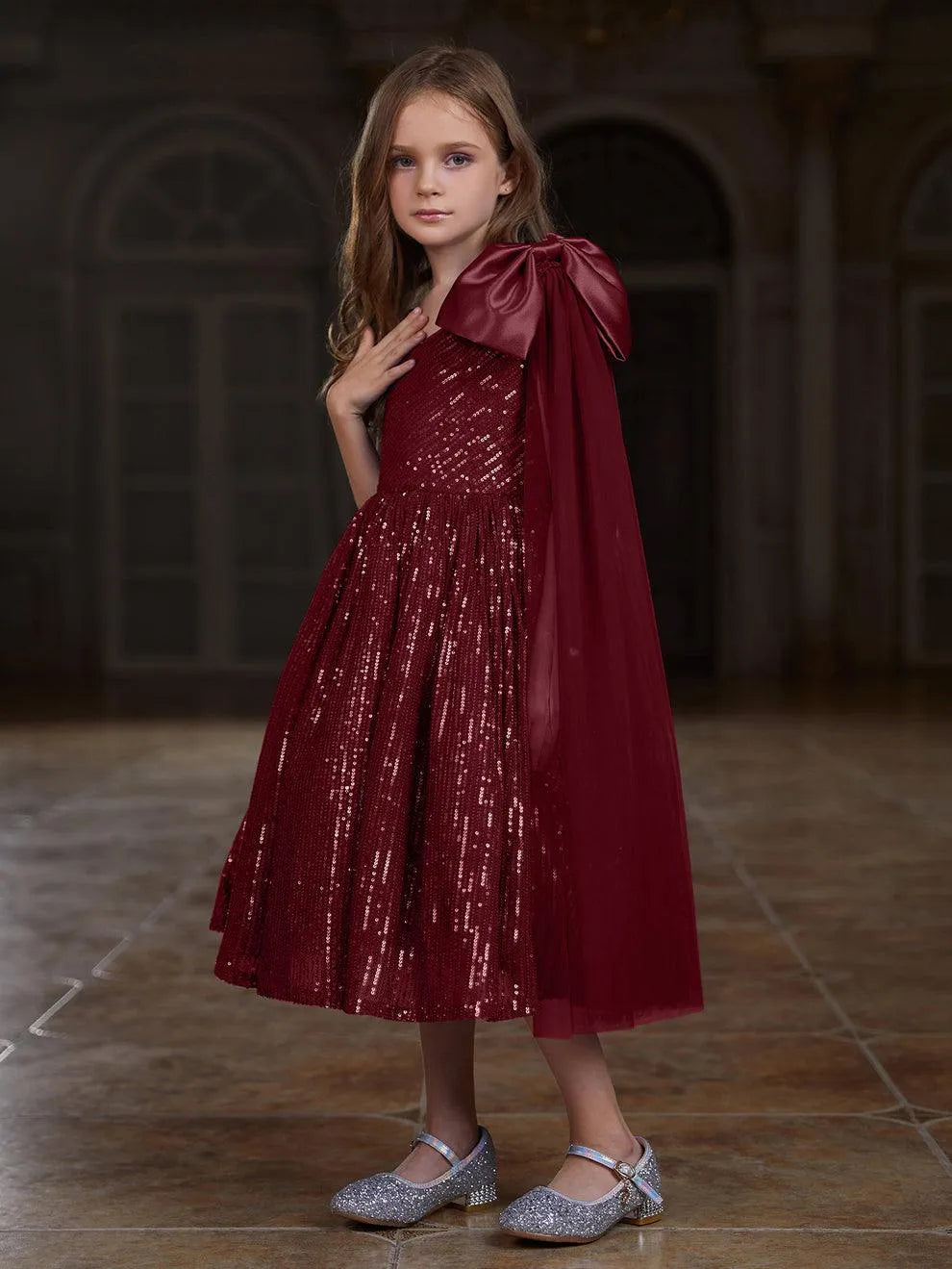Additional product view of Draped Side Bow Detail One-Shoulder Sequin A-Line Tween Girls' Party Dress