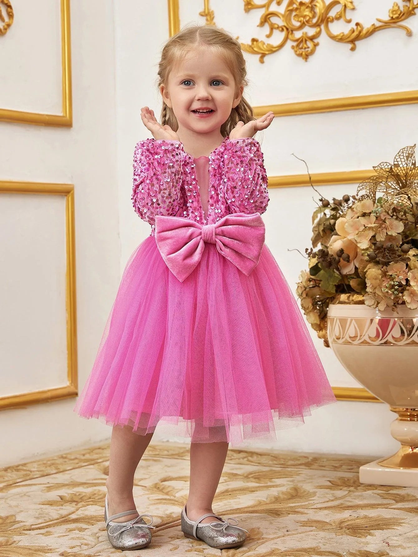 Additional product view of Bow-Front Sequin A-Line Long-Sleeve Mesh Young Girls' Party Dress