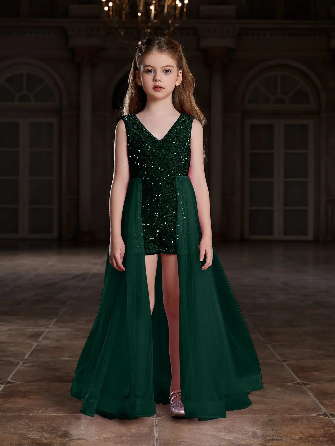 Additional product view of Mesh Overlay V-Neck Sequin Sleeveless Tween Girls' Formal Romper