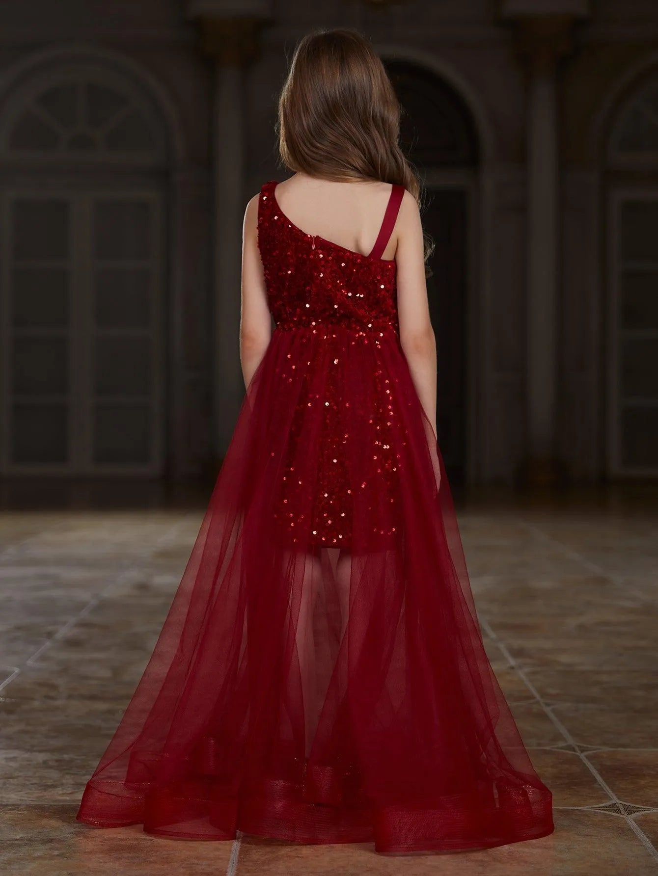 Additional product view of Mesh Overlay Asymmetrical Neckline Sequin A-Line Sleeveless Tween Girls' Party Dress