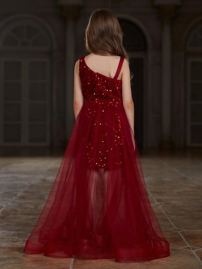 Additional product view of Mesh Overlay Asymmetrical Neckline Sequin A-Line Sleeveless Tween Girls' Party Dress