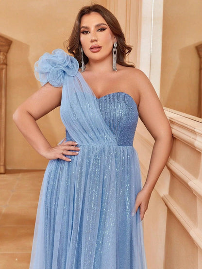 Plus-Size One-Shoulder Sequin Sleeveless A-Line Evening Gown — authorized product image 5
