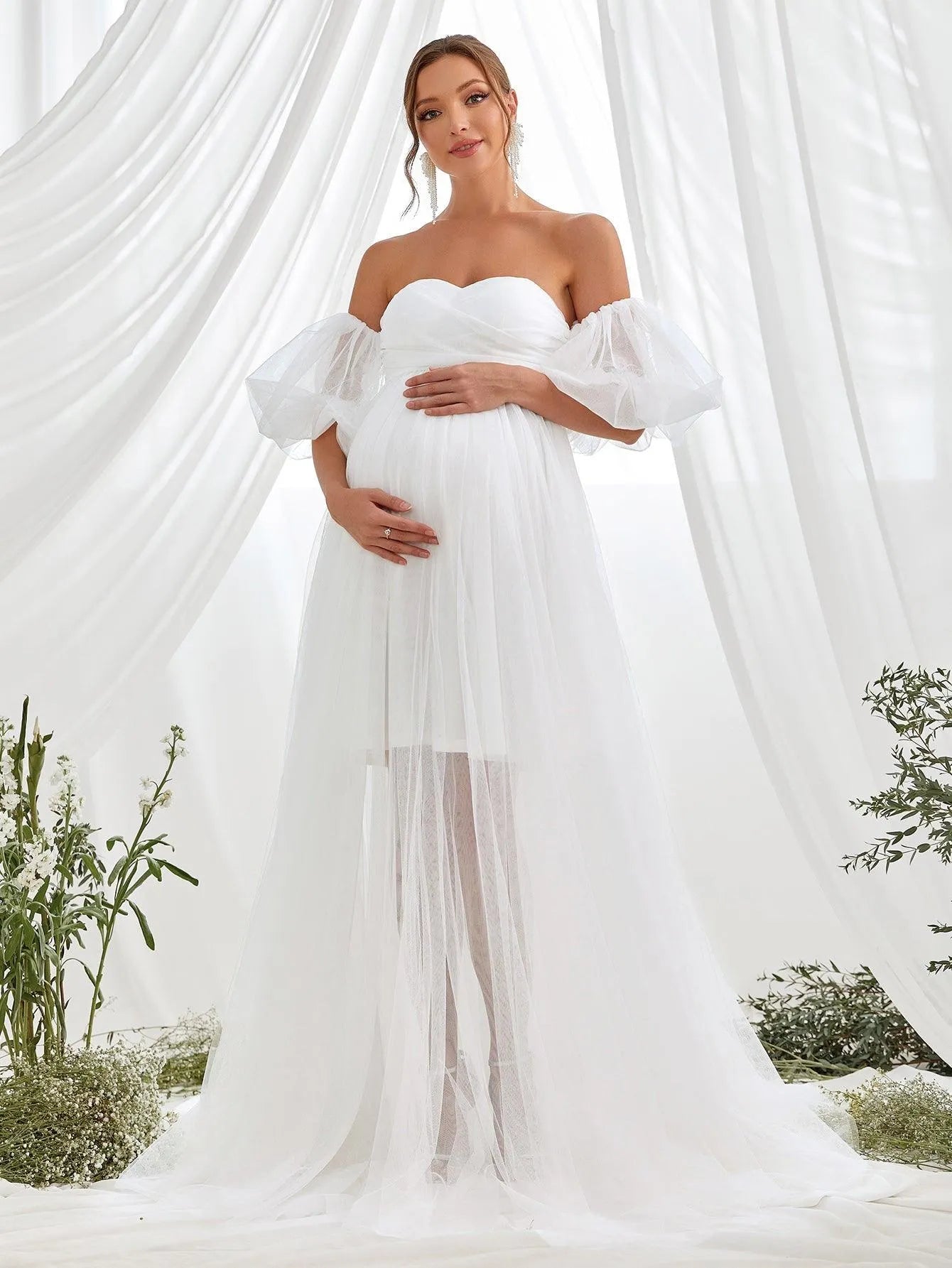 Mesh Overlay Puff-Sleeve Off-Shoulder A-Line Maxi Maternity Evening Dress in White