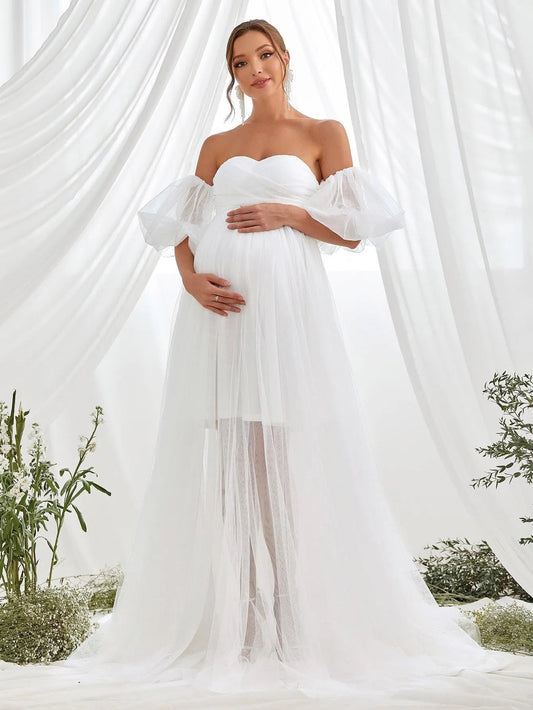 Mesh Overlay Puff-Sleeve Off-Shoulder A-Line Maxi Maternity Evening Dress in White