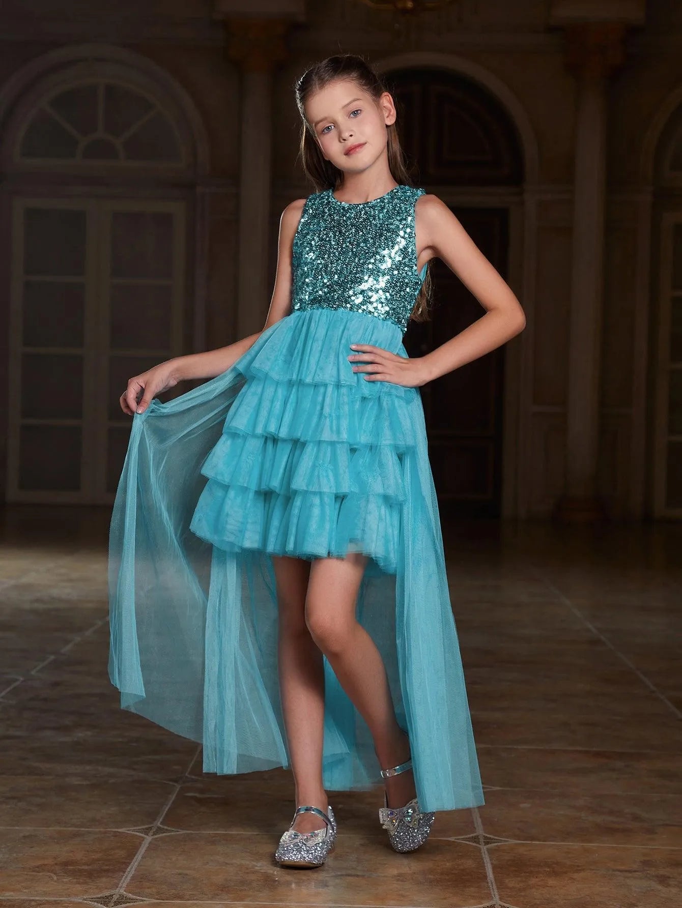 Additional product view of Layered Hem Sequin A-Line Sleeveless Mesh Round Neck Tween Girls' Party Dress