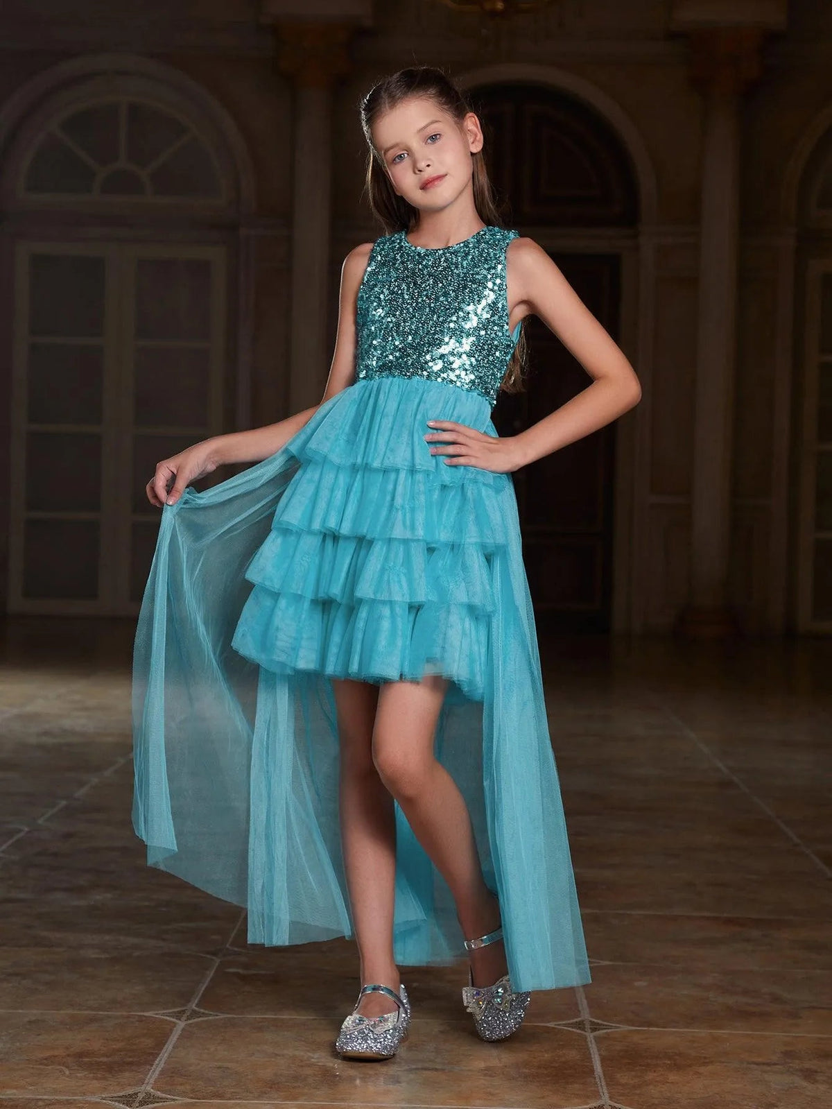 Additional product view of Layered Hem Sequin A-Line Sleeveless Mesh Round Neck Tween Girls' Party Dress