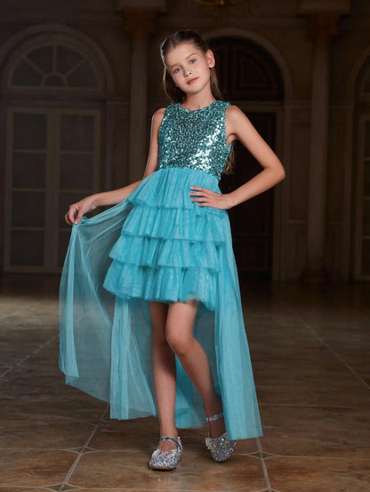 Additional product view of Layered Hem Sequin A-Line Sleeveless Mesh Round Neck Tween Girls' Party Dress